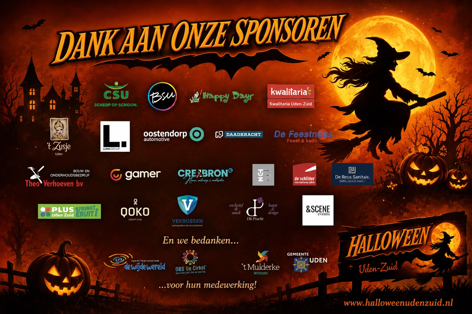 Dank aan onze sponsoren 2025 – overzicht van alle sponsors van de Halloweentocht Uden-Zuid